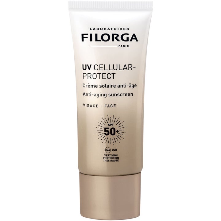 Filorga UV Cellular-Protect 40ml anti-aging solcreme i en beige tube med SPF 50+ og guldtonet låg