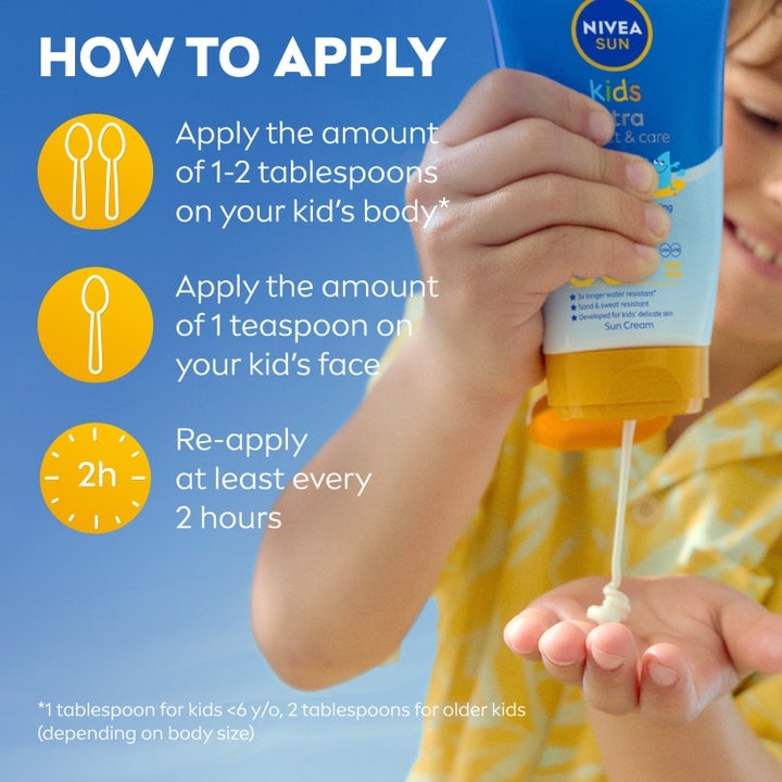 NIVEA Kids Ultra Protect & Play Sun Lotion 150 ml giver solbeskyttelse med instruktioner om påføring