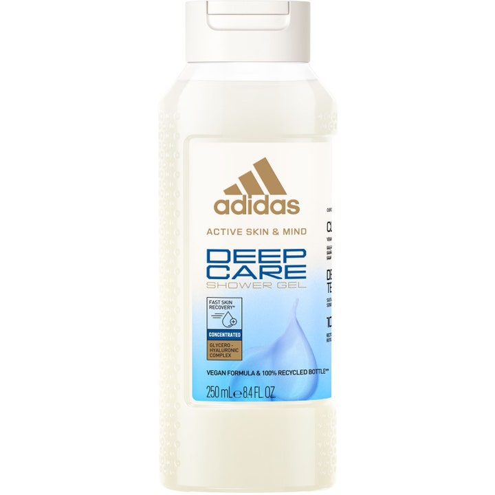 Adidas Active Skin & Mind Deep Care 250 ml fugtgivende showergel i hvid flaske med guldlogo og blå vanddråbe