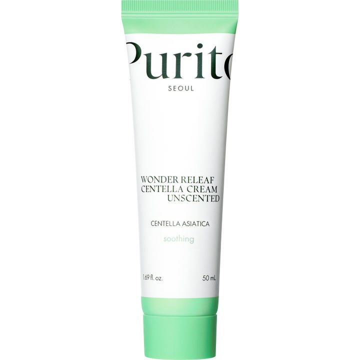 Purito Wonder Releaf Centella Cream Unscented 50 ml beroligende ansigtscreme i hvid tube med lysegrønt låg