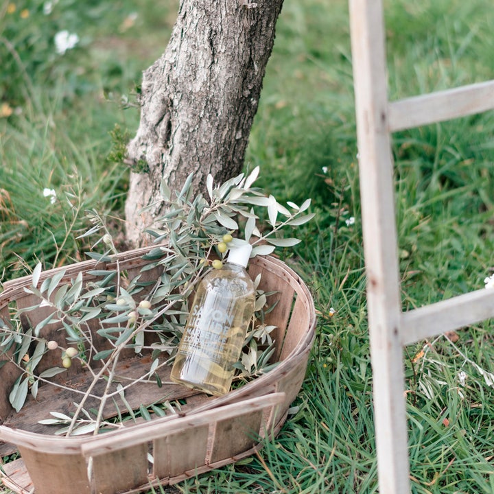 Compagnie de Provence Liquid Marseille Soap Olive Wood 1000 ml i kurv med olivengrene i naturlige omgivelser