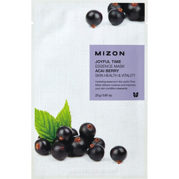 Mizon Joyful Time Essence Mask Acai Berry 23 g fugtgivende sheet maske i hvid indpakning med mørke bær og grønne blade