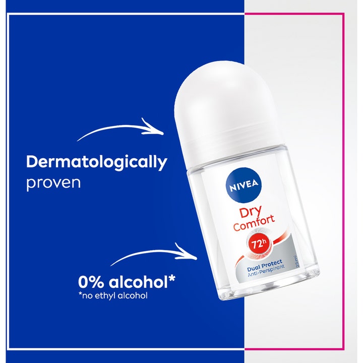 NIVEA Dry Comfort Roll On Mini 25 ml antiperspirant giver 72h Dual Protect i lille glasflaske med 0% alkohol