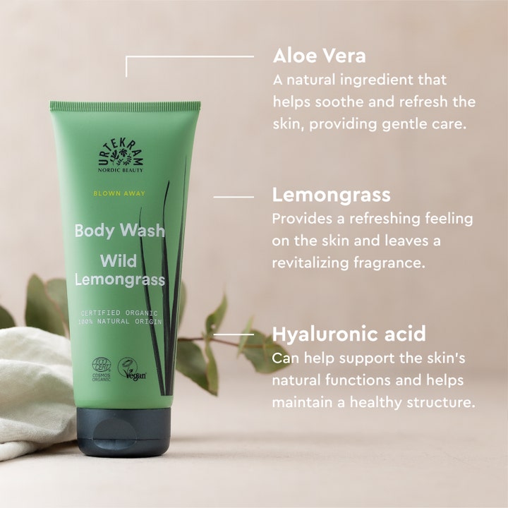 Urtekram Body Wash Wild Lemongrass 200 ml opfriskende duschtvål med aloe vera og hyaluronsyre i en lysegrøn tube