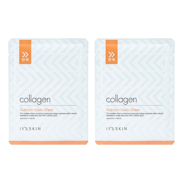 It'S SKIN Collagen Nutrition Mask Sheet sheet maske giver sund glød i hvid indpakning med orange chevronmønster.