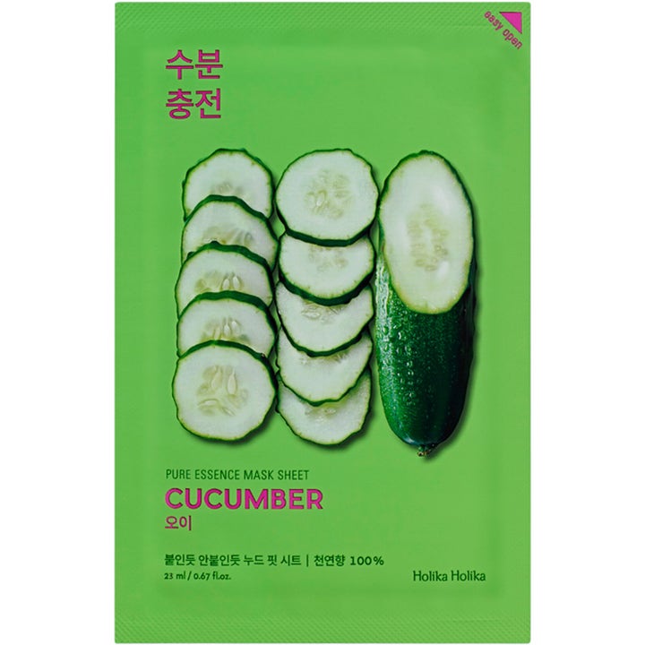 Holika Holika Pure Essence Mask Sheet Cucumber 23 ml fugtgivende sheetmaske i lysegrøn indpakning med agurkeskiver