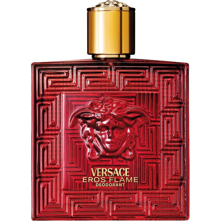 Versace Eros Flame Deodorant Spray 100 ml i rød glasflakon med guldhætte og ikonisk Medusa relief