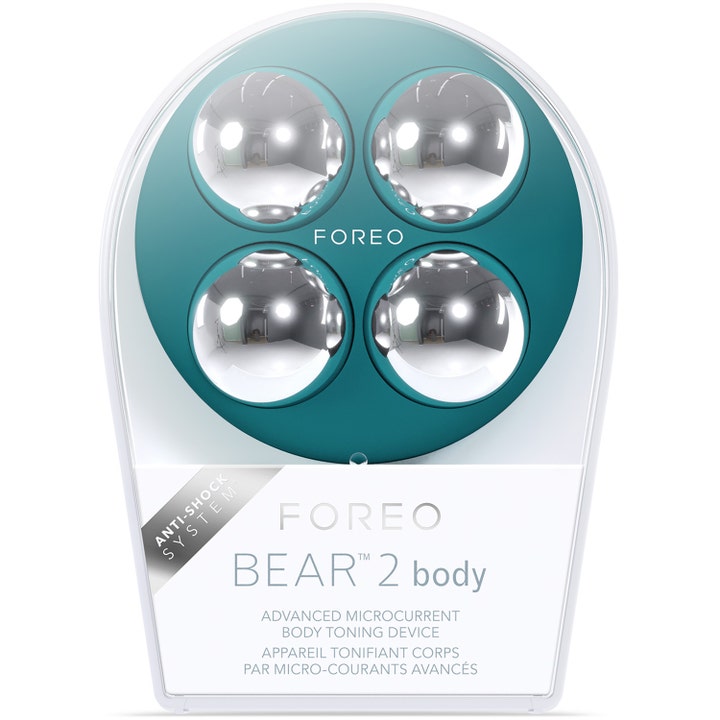 FOREO BEAR 2 body Evergreen 1 stk opstrammende microcurrent-enhed i gennemsigtig emballage med fire sølvkugler