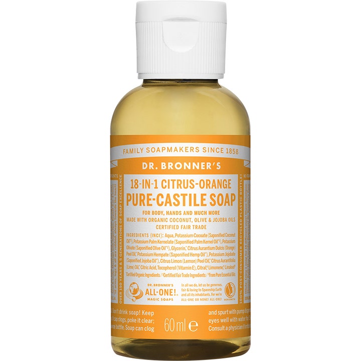 Dr. Bronner's Citrus-Orange Pure-Castile Soap 60 ml flydende sæbe i gennemsigtig plastflaske med hvidt låg