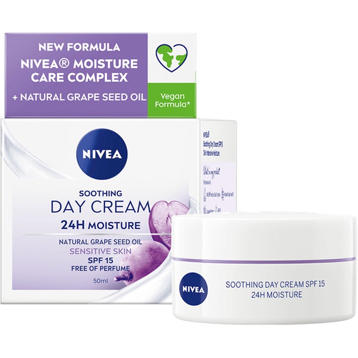 NIVEA Soothing Day Cream 50 ml beroligende dagcreme til sensitiv hud i hvid krukke med lilla detaljer