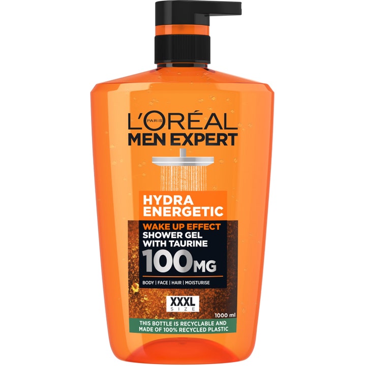 L'Oréal Men Expert Hydra Energetic 1000 ml energigivende showergel med taurin i orange gennemsigtig plastflaske med pumpe