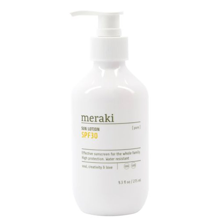 Meraki Sun Lotion SPF30 275 ml beskyttende solcreme i hvid flaske med praktisk pumpe til hele familien