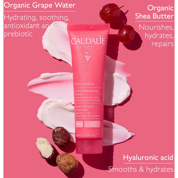 Caudalie Vinohydra Deep Hydration Moisturizer 60 ml fugtgivende dagcreme i pink tube med sheasmør og druevand