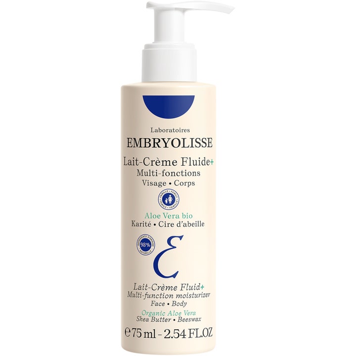 Embryolisse Lait-Crème Fluide+ 75 ml fugtgivende creme til ansigt og krop i beige flaske med hvid pumpe.