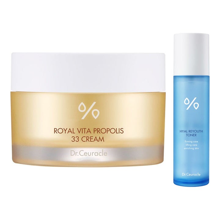 Dr.Ceuracle Royal Vita Propolis Cream og Hyal Reyouth Toner giver glød og fugt i guldkrukke og blå flaske