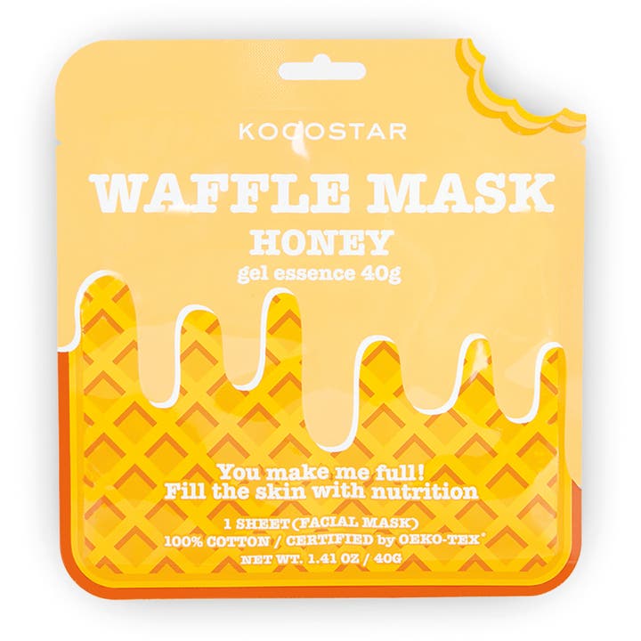 Kocostar Waffle Mask Honey 40g nærende ansigtsmaske i gul emballage med vaffelmønster og dryppende honning