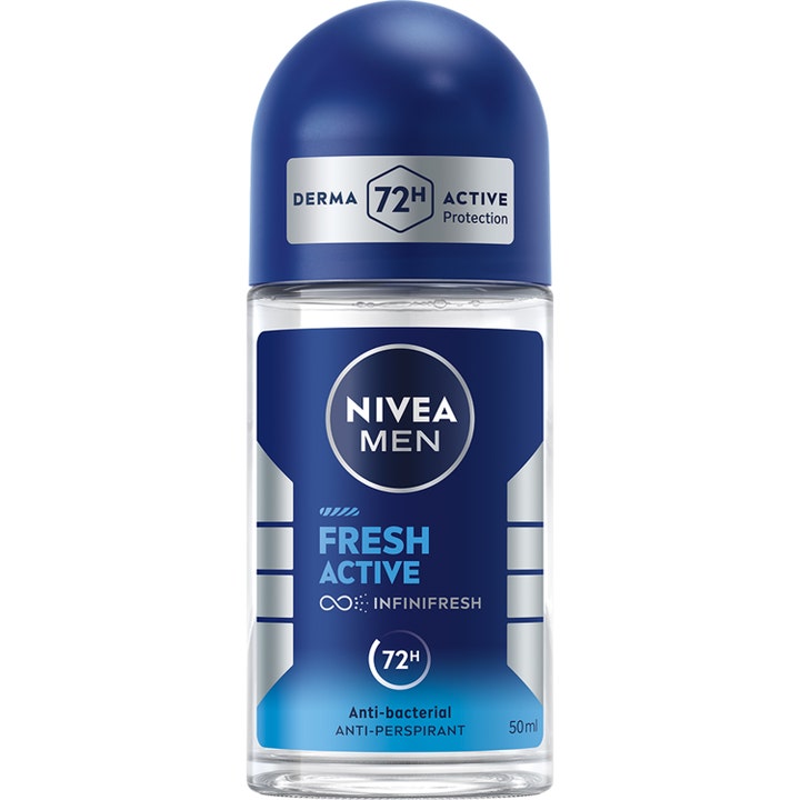 Nivea Men Fresh Active 50 ml roll-on deodorant der giver 72 timers beskyttelse i klar glasbeholder med blåt låg