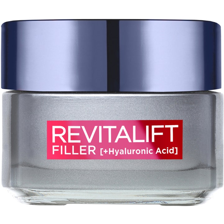 L'Oréal Paris Revitalift Filler 50 ml udfyldende ansigtscreme i sølvfarvet glaskrukke med mørkeblåt låg