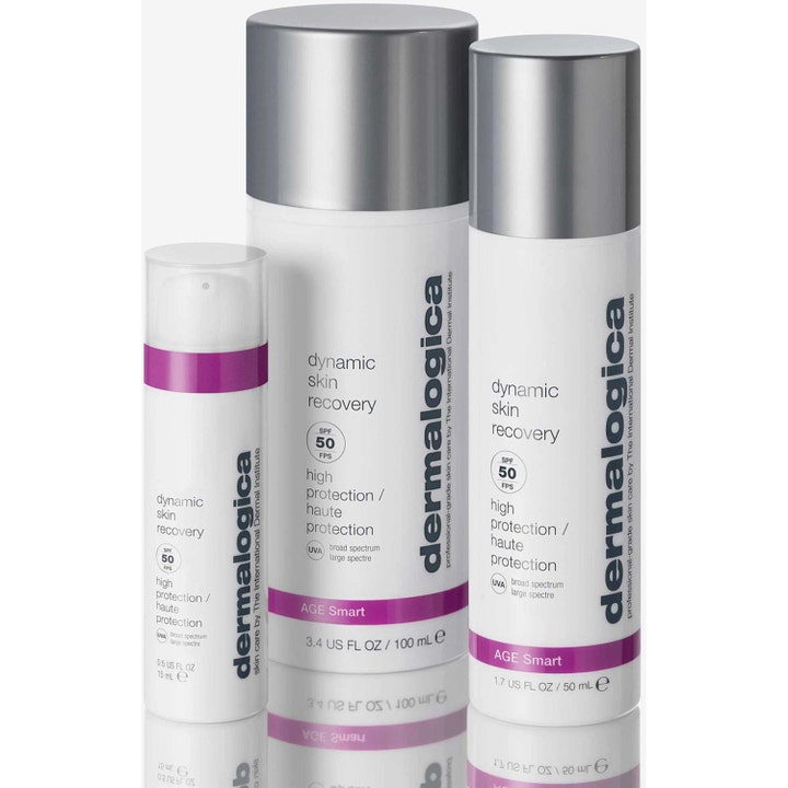 Dermalogica Dynamic Skin Recovery SPF50 dagcreme i tre størrelser hvide pumpeflasker med sølvlåg og lilla bånd