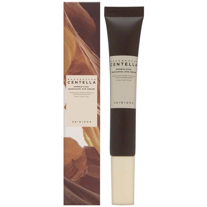 SKIN1004 Madagascar Centella Probio-Cica Bakuchiol Eye Cream 20 ml opstrammende øjencreme i mørkebrun tube og æske