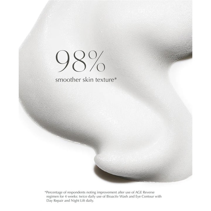 Exuviance Age Reverse BioActiv Wash 125 ml ansigtsrens giver glattere hud vist som hvidt skum og 98% smoother skin texture.