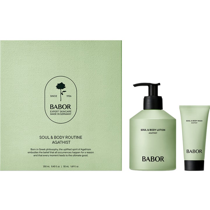 Babor Soul & Body Routine Agathist 250 ml og 50 ml kropsplejesæt giver blød hud i lysegrønne beholdere med gaveæske
