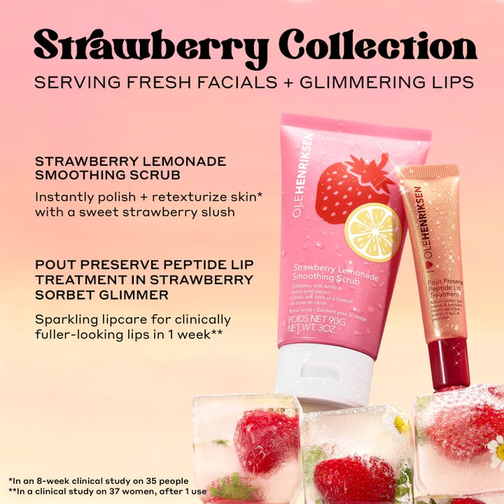 Ole Henriksen Strawberry Smoothing Scrub 90 ml ansigtsskrub i lyserød tube med lip treatment på isblokke