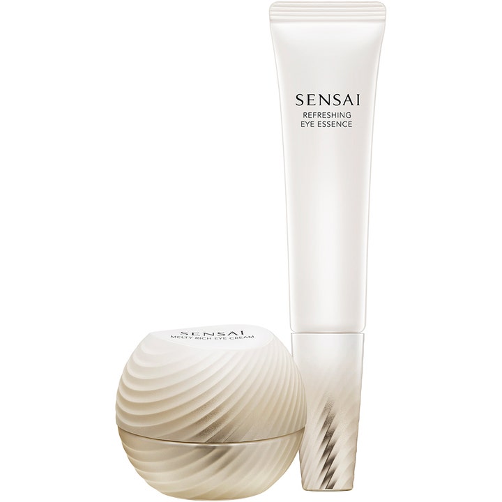 Sensai Refreshing Eye Essence og Melty Rich Eye Cream øjenpleje i hvid tube og rund krukke med bølgeformet struktur.
