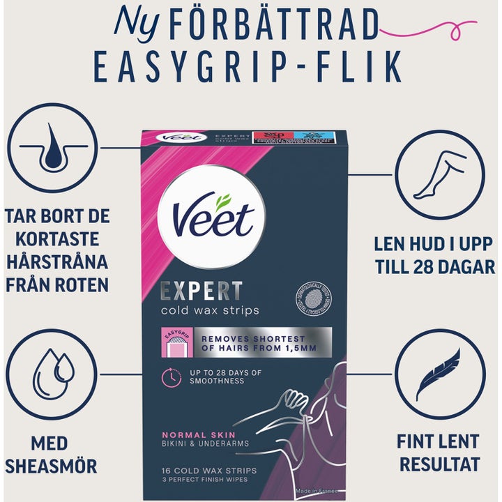 Veet Bikini & Underarm Wax Strips 16 stk voksstrips til hårfjerning med EasyGrip-flik og sheasmør