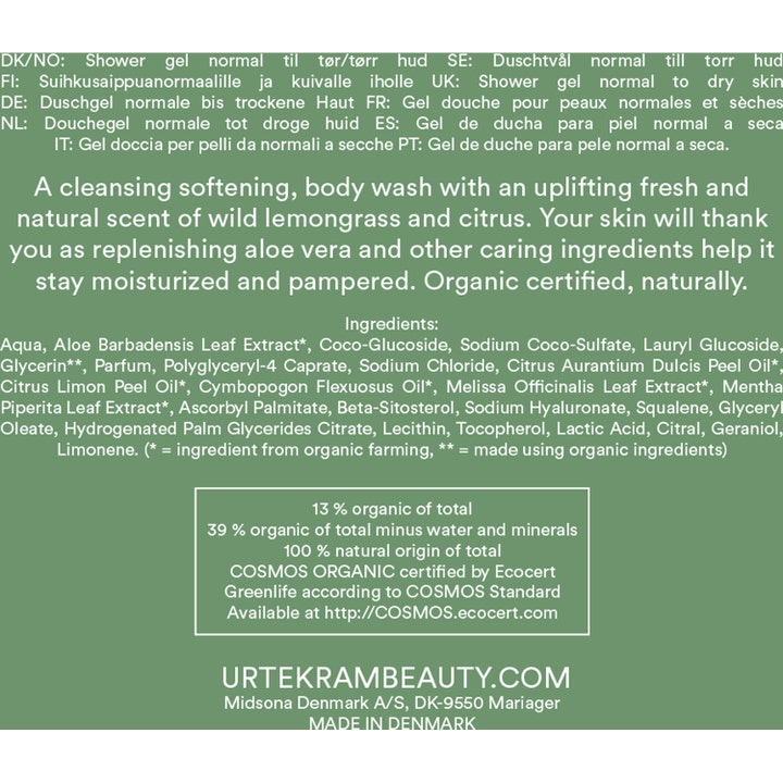 Urtekram Wild Lemongrass Body Wash 500 ml plejende shower gel med detaljeret ingrediensliste og COSMOS certificering