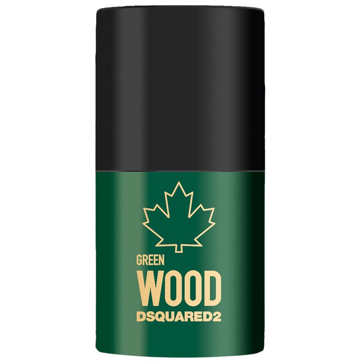 Dsquared2 Green Wood Deodorant Stick 75ml giver friskhed i en mørkegrøn beholder med sort låg og guldlogo.