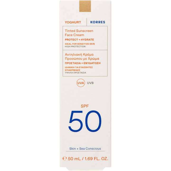 Korres Yoghurt Tinted Sunscreen Face Cream 50 ml fugtgivende solcreme i hvid papæske med SPF 50 og blå tekst.