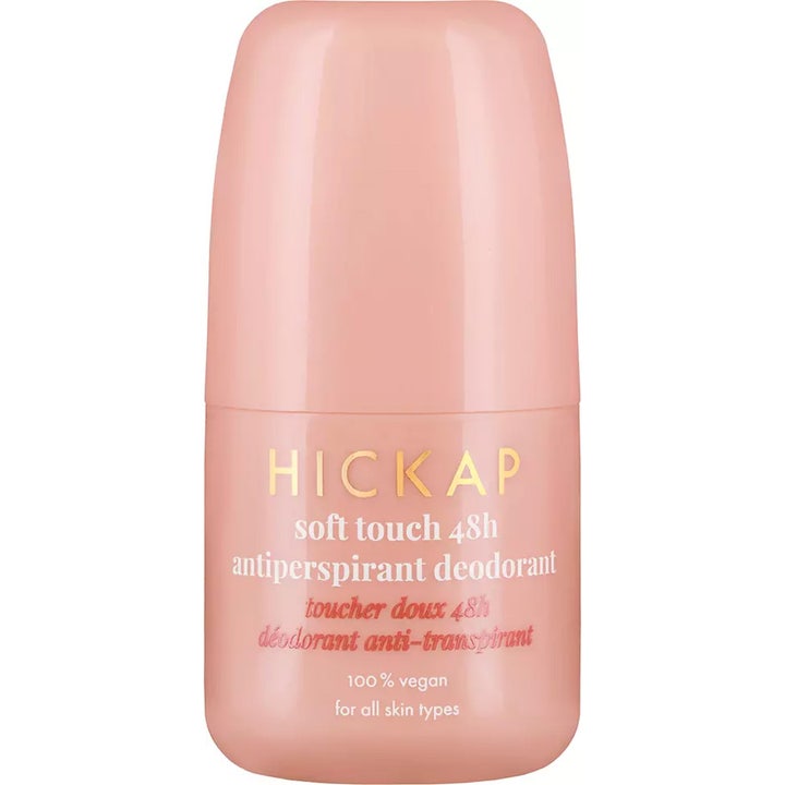 Hickap Soft Touch 48h Antiperspirant Deodorant vegansk roll-on i lyserød plastflaske med guldskrift