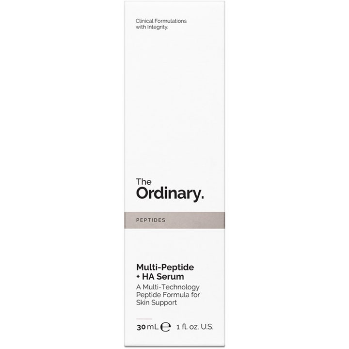 The Ordinary Multi-Peptide + HA Serum 30 ml fugtgivende serum i hvid papæske med gråt Peptides-bånd