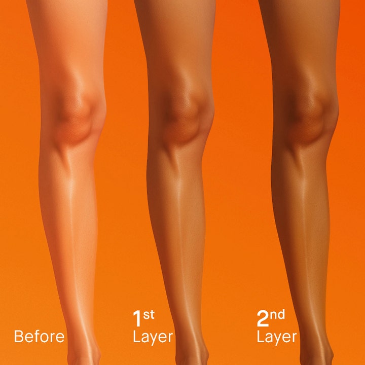 EVY Technology Selftan Face and Body Mousse 150 ml giver glød vist med før og efter resultater af et og to lag på ben