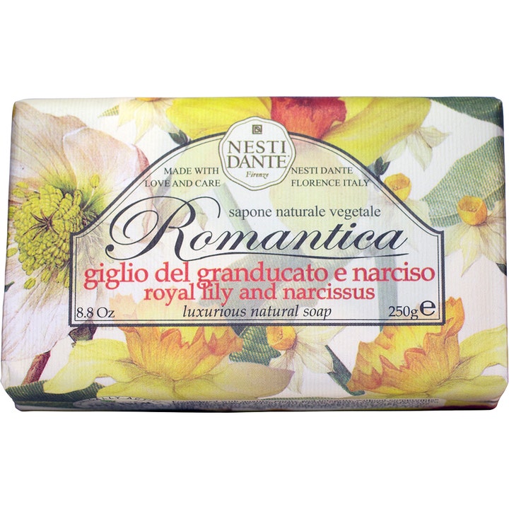 Nesti Dante Romantica Royal Lily and Narcissus 250 g luksussæbe indpakket i papir med gule liljer og hvide narcisser