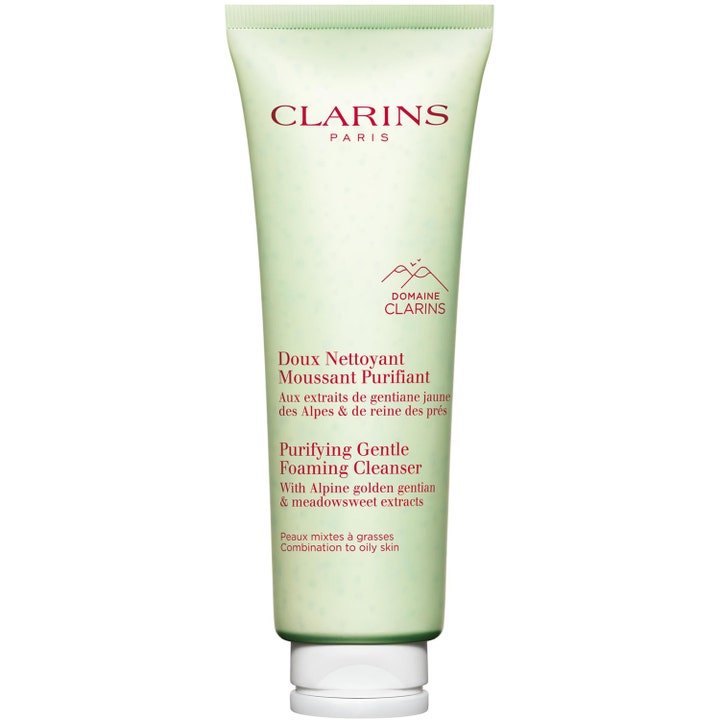 Clarins Purifying Gentle Foaming Cleanser rensende ansigtsrens til fedtet hud i en lysegrøn tube med hvidt låg