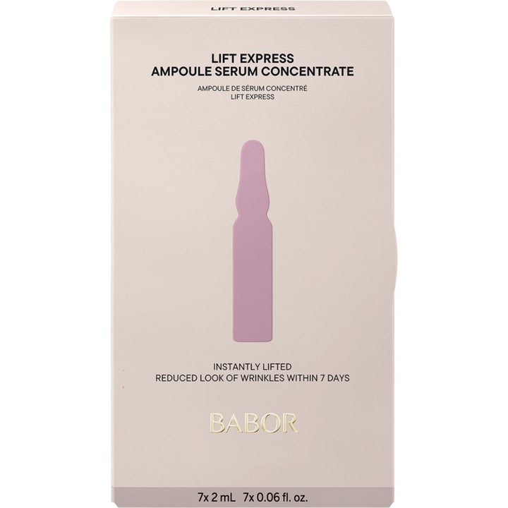 Babor Ampoule Lift Express 14 ml opstrammende serum i beige æske med lilla ampulillustration der giver glattere hud