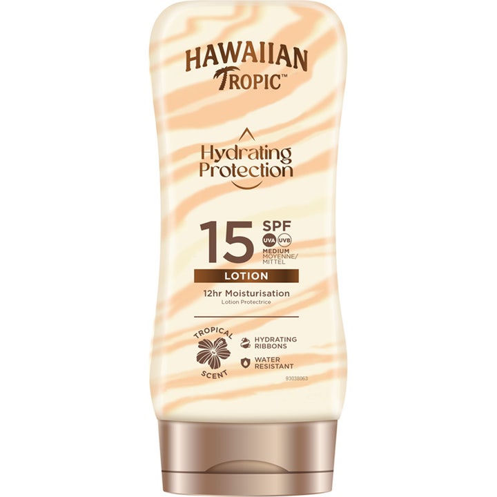 Hawaiian Tropic Hydrating Protection SPF 15 fugtgivende solcreme i klar flaske med hvide og ferskenfarvede striber.