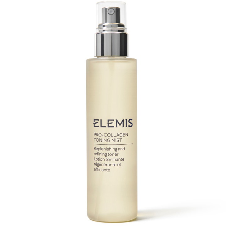 Elemis Pro-Collagen Toning Mist opfriskende toner i en høj frostet flaske med sølvfarvet spraypumpe.
