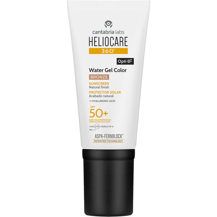 Heliocare 360 Water Gel Color Bronze SPF 50+ solcreme giver fugt og naturlig farve i hvid tube med sort skruelåg.