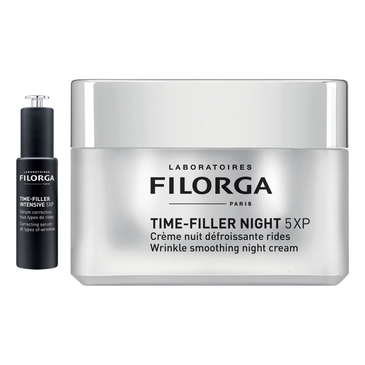 Filorga Time-Filler Night 50 ml og Intensive serum mod rynker i hvide krukker og glasflasker med pipette.