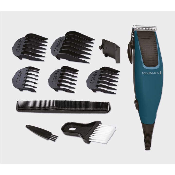 Remington Apprentice Hair clipper HC5020 1 stk hårklipper i blå med fem sorte afstandskamme, kam og to rensebørster.