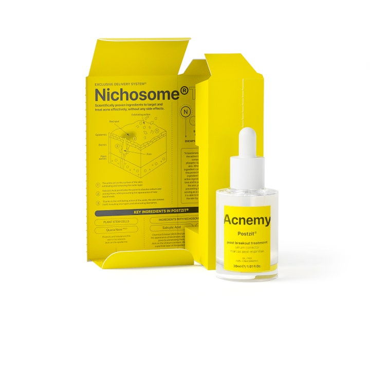 Niche Beauty Lab Acnemy Postzit 30 ml serum mod mærker efter urenheder i klar glasflaske med gul æske