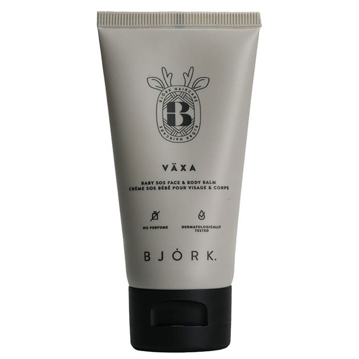 Björk Växa Baby SOS Face & Body Balm giver beroligende pleje i en grå tube med sort låg til sensitiv hud
