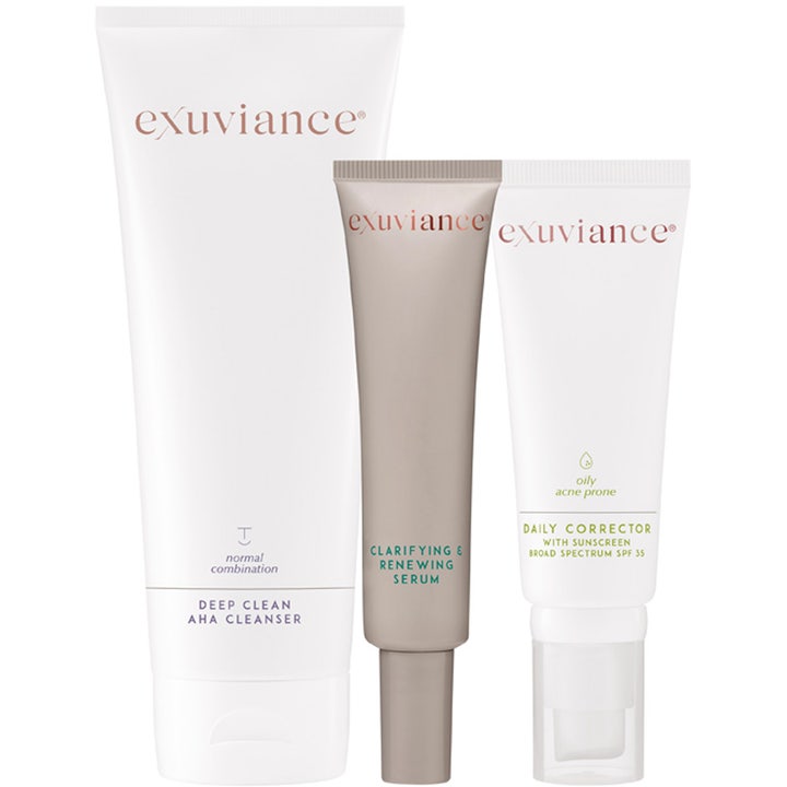 Exuviance hudplejesæt til uren hud med AHA-rens, serum og dagcreme SPF 35 i hvide og grå tuber.