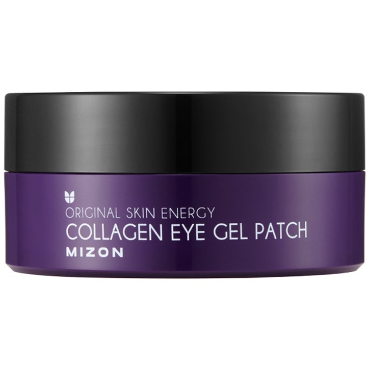 Mizon Collagen Eye Gel Patch 60 stk opstrammende øjenmaske i lilla krukke med et stilrent sort låg.