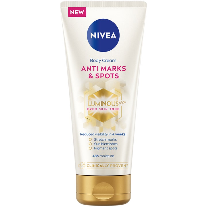 Nivea Luminous 630 Body Cream Anti Marks & Spots kropscreme mod pigmentpletter i hvid tube med guldlåg