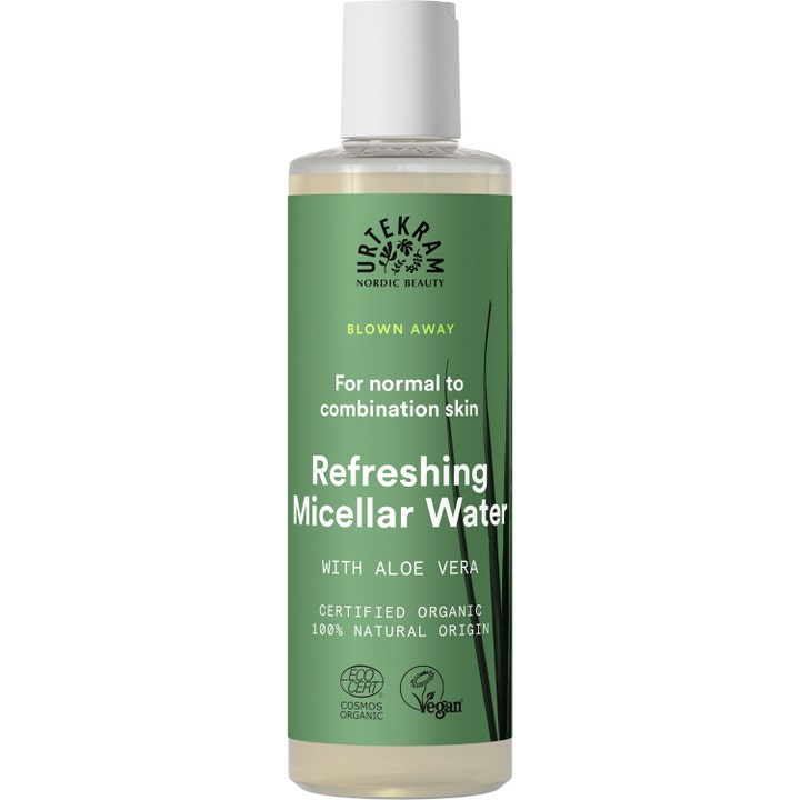 Urtekram Blown Away Refreshing Micellar Water opfriskende ansigtsrens med aloe vera i klar flaske med grøn etiket