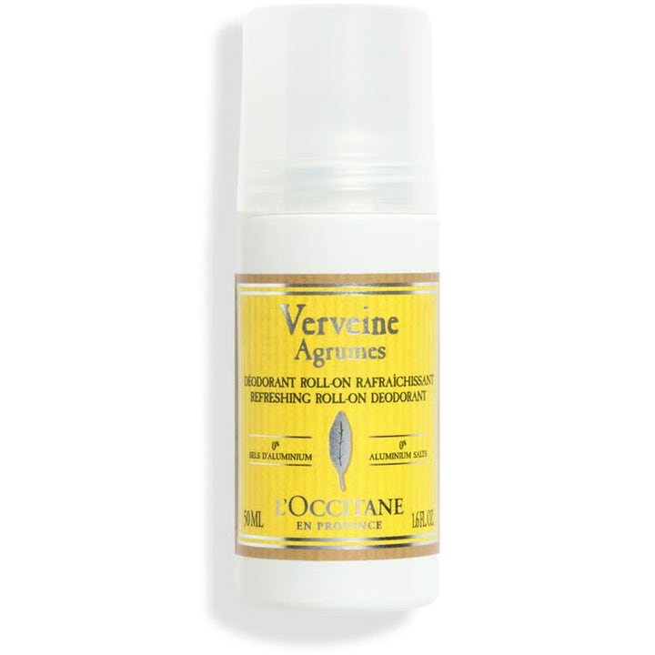 L'Occitane Verveine Agrumes 50 ml opfriskende roll-on deodorant i hvid plastflaske med gul etiket og sølvdetaljer.